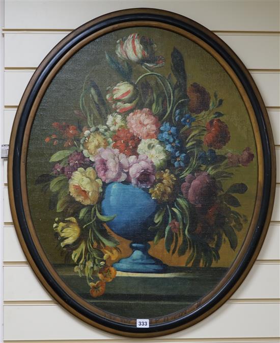 Dutch style oil on board, still life, oval, 59 x 74cm